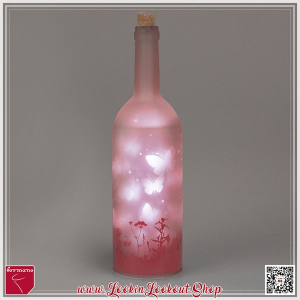 Deko-Glasflasche » Schmetterlinge « Rosa mit LED 34 cm
